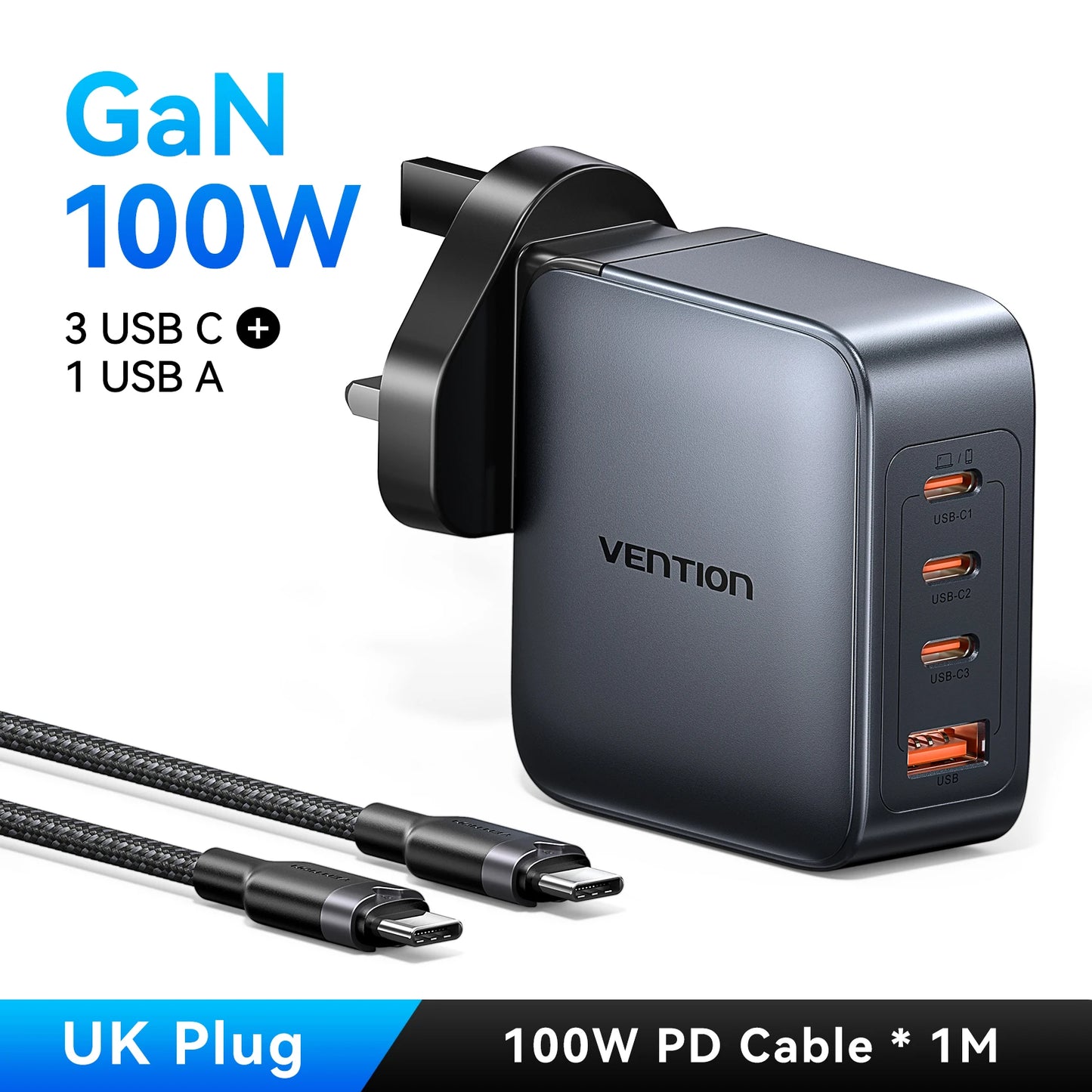 ⚡ Vention 100W GaN Φορτιστής 4 Θυρών USB-C – PD Fast Charge Η απόλυτη λύση για ταυτόχρονη και γρήγορη φόρτιση laptop, tablet και smartphone! 💻📱🔋