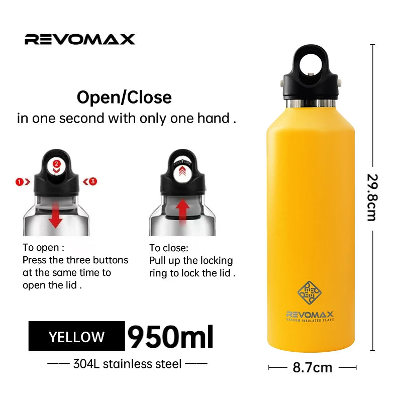 🥶🔥 REVOMAX Θερμός 950ml Ανοξείδωτος | Μεγάλης Χωρητικότητας Φορητό Vacuum Flask με Καπάκι Χωρίς Βίδωμα 🚀