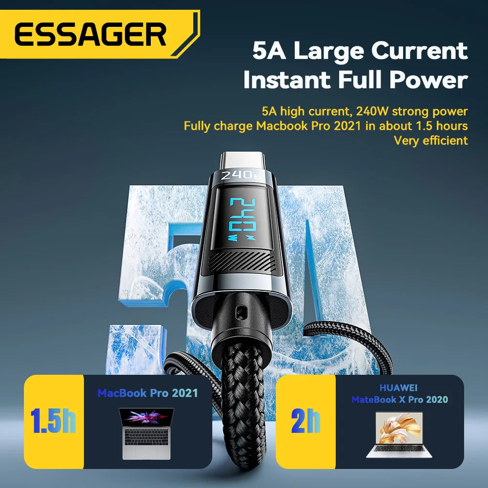 ⚡ Essager USB-C to USB-C Καλώδιο 240W – PD 3.1 Fast Charging με LED Οθόνη & 480Mbps Μεταφορά Δεδομένων 💻📱