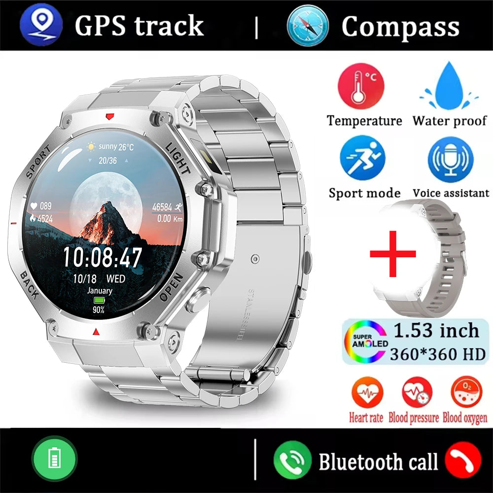 ⌚ 2025 New Men Sports Smart Watch GPS | AMOLED | Heart Rate Monitor | LED Flashlight | NFC | Bluetooth Call | 3ATM Waterproof