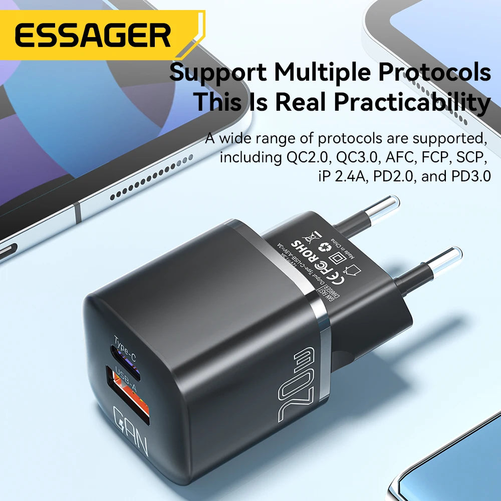 ⚡ Essager 20W GaN USB Type C Charger – PD & QC 3.0 Γρήγορος Φορτιστής