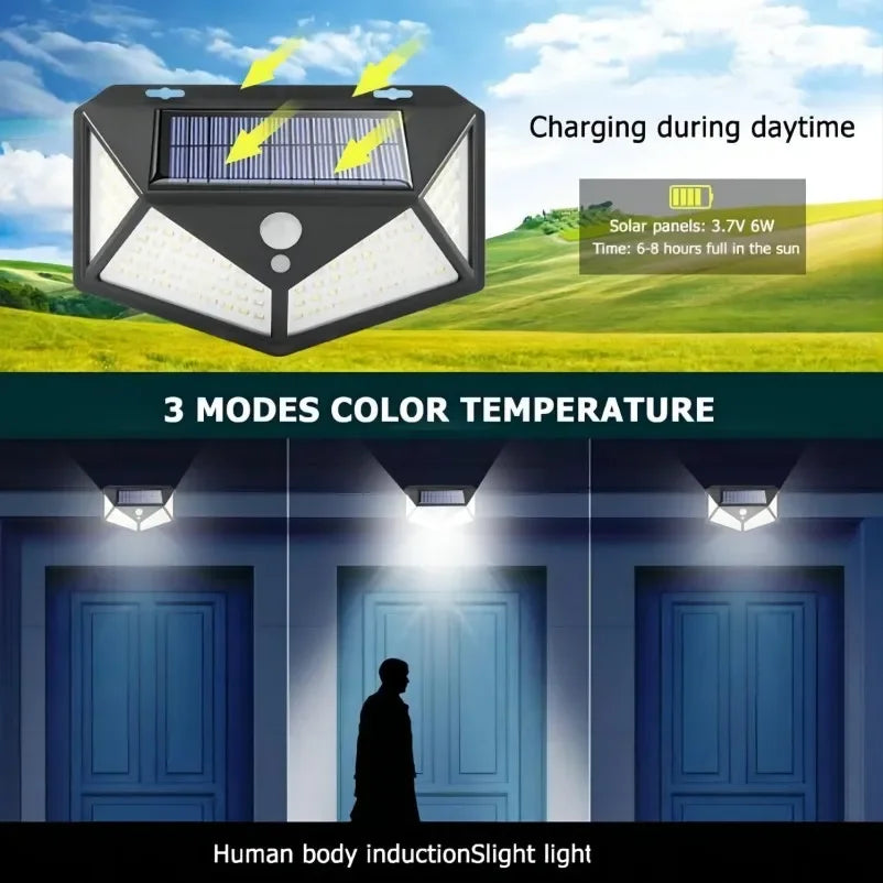 🔆🌙 100 LED Solar Wall Lamp – Ηλιακό Φωτιστικό Τοίχου με Αισθητήρα Κίνησης & 4 Πλευρές Φωτισμού | Αδιάβροχο IP65 για Κήπο & Εξωτερικούς Χώρους