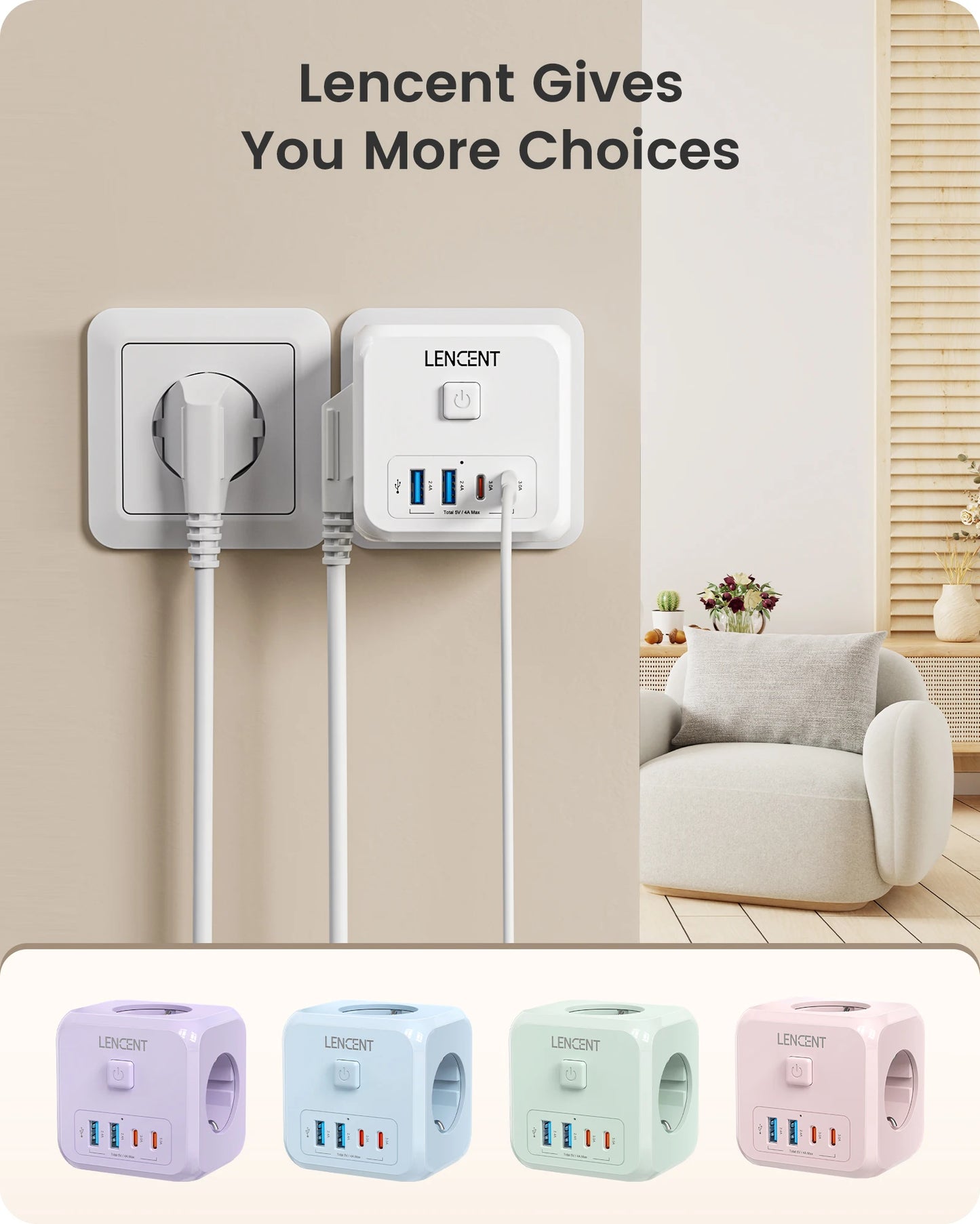 LENCENT EU Plug Cube 🔌 | 7-in-1 Power Hub ⚡ | 3 AC + 2 USB + 2 Type-C 🔋 | On/Off Switch ✅
