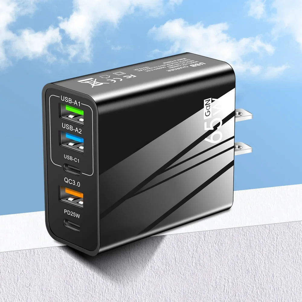 ⚡🔋 65W GaN Multi-Port Charger 🚀📱 (3 USB + 2 PD – 5 Θύρες)