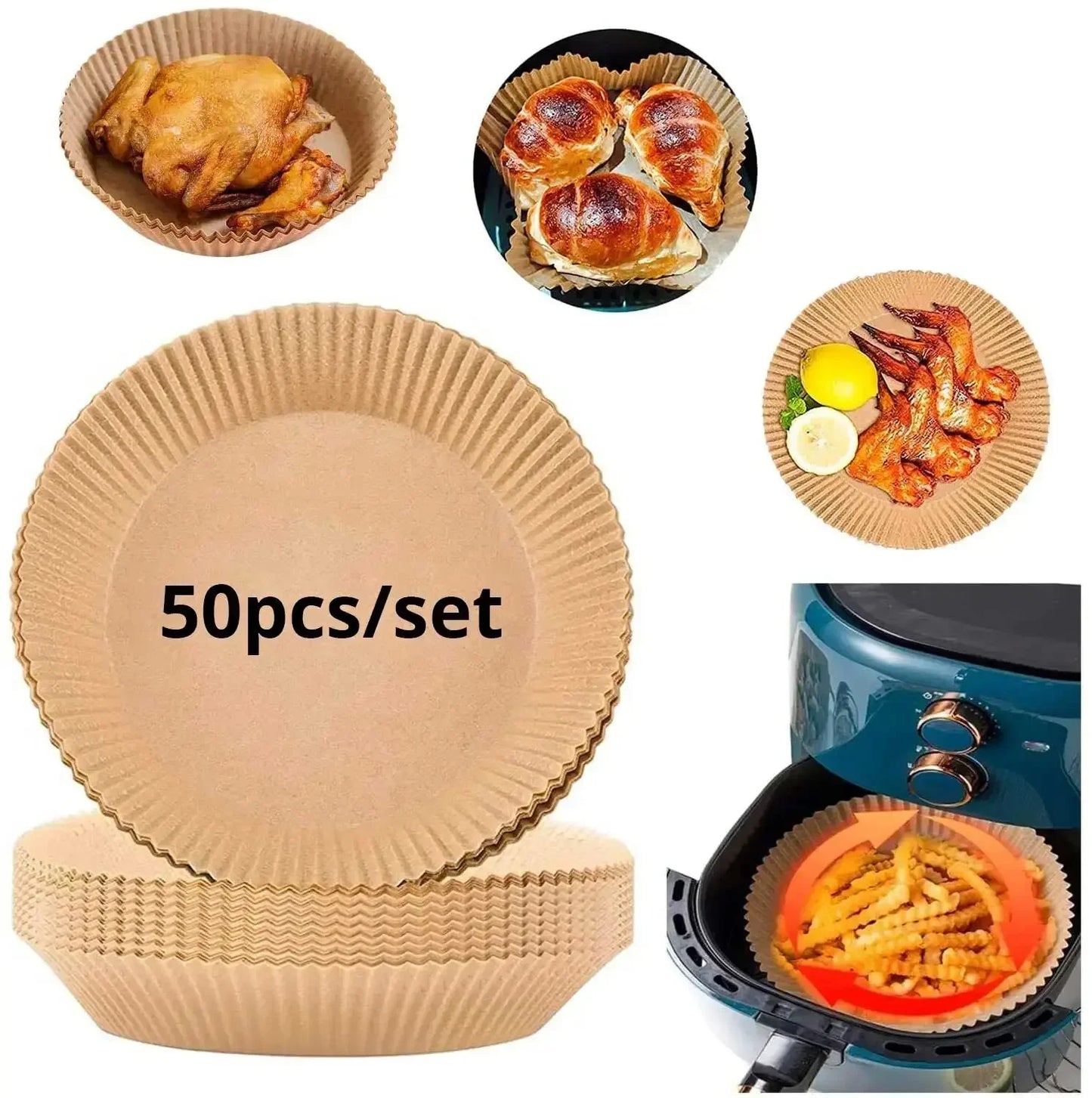 🍟🧾 50pcs Air Fryer Paper Liners – Μαγείρεμα Χωρίς Λάδια & Καθάρισμα! 🧾🍟 Parchment Wood Pulp | Waterproof | Oil-Proof | Baking & Steaming Accessories