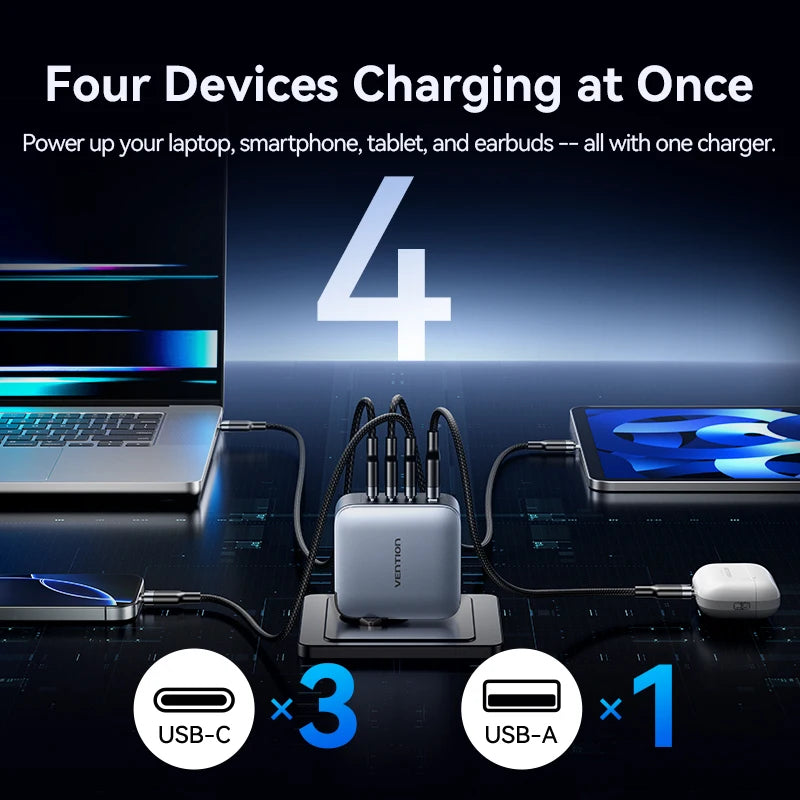 ⚡ Vention 100W GaN Φορτιστής 4 Θυρών USB-C – PD Fast Charge Η απόλυτη λύση για ταυτόχρονη και γρήγορη φόρτιση laptop, tablet και smartphone! 💻📱🔋