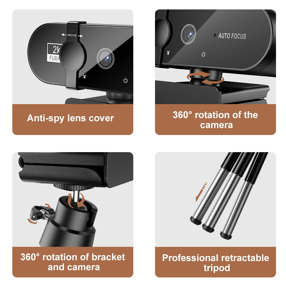 🎥💻 4K/2K/1080P USB Webcam – Με Autofocus, Μικρόφωνο & 360° Περιστροφή 🔊✨