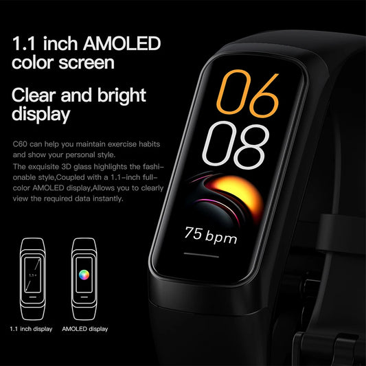 CRTORRS C60 Smart Band AMOLED 1.1” – Παρακολούθηση Καρδιακών Παλμών, SpO₂, Θερμοκρασίας & Ύπνου | 3ATM Waterproof