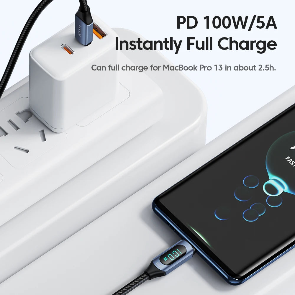 ⚡🔌 Toocki 100W USB-C Cable – Υψηλής Ταχύτητας Καλώδιο Φόρτισης & Δεδομένων 🔋 Με LED Digital Display (5A)