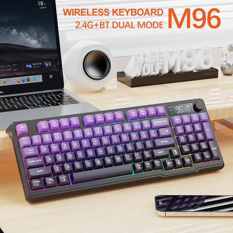 ⌨️🔥 FREEWOLF M96 Wireless Mechanical Keyboard 🌈 Gradient Keycaps | 🔄 Dual-Mode BT/2.4G | 🖥️ OLED Οθόνη | 🔋 Μπαταρία μεγάλης διάρκειας