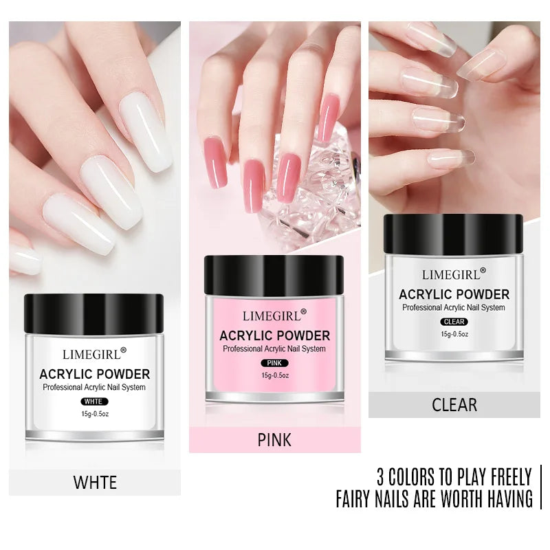 💅✨ Acrylic Nail Kit – Crystal Liquid 40ml & Acrylic Powder 45ml (Pink, White, Clear) 🎯