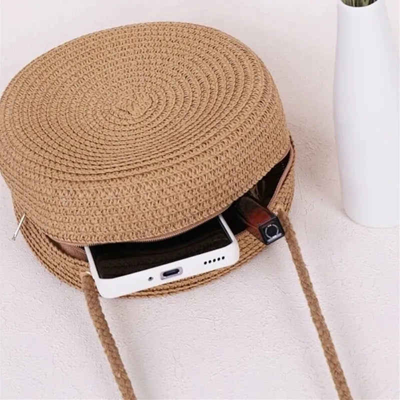 👜🌴 Minimalist Straw Bag – Στρογγυλή Τσάντα Ώμου & Χιαστί, Καλοκαιρινό Στυλ Διακοπών ✨☀️