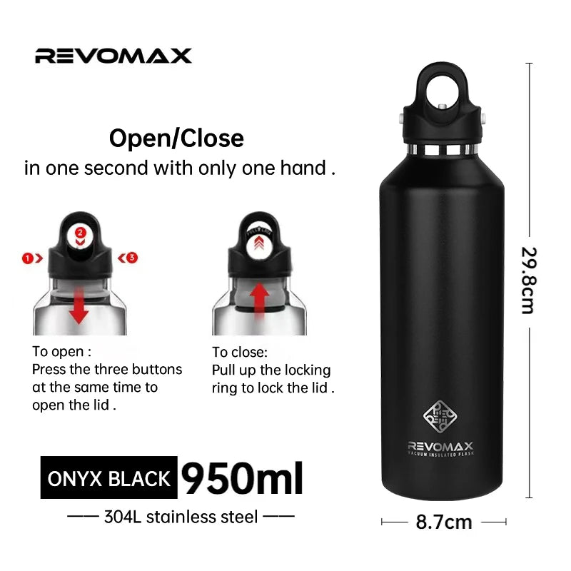 🥶🔥 REVOMAX Θερμός 950ml Ανοξείδωτος | Μεγάλης Χωρητικότητας Φορητό Vacuum Flask με Καπάκι Χωρίς Βίδωμα 🚀