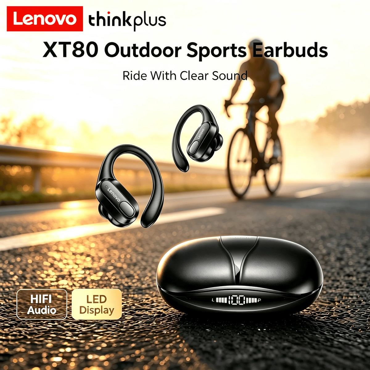 Lenovo XT80 Wireless Sports Bluetooth 5.3 Earbuds with Ear Hooks, LED Indicator & Microphone