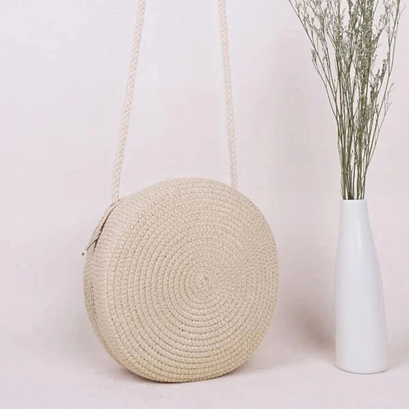 👜🌴 Minimalist Straw Bag – Στρογγυλή Τσάντα Ώμου & Χιαστί, Καλοκαιρινό Στυλ Διακοπών ✨☀️