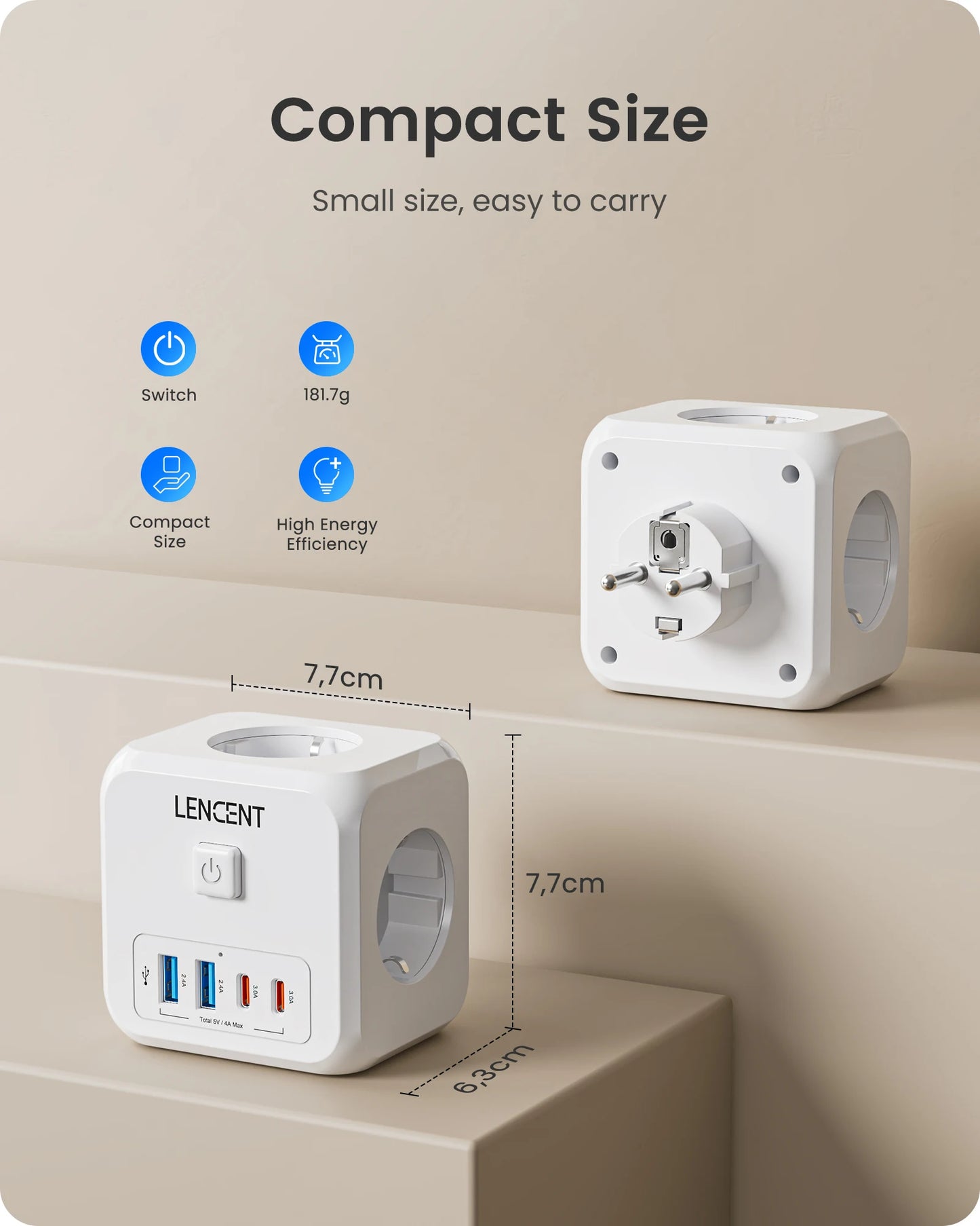 LENCENT EU Plug Cube 🔌 | 7-in-1 Power Hub ⚡ | 3 AC + 2 USB + 2 Type-C 🔋 | On/Off Switch ✅