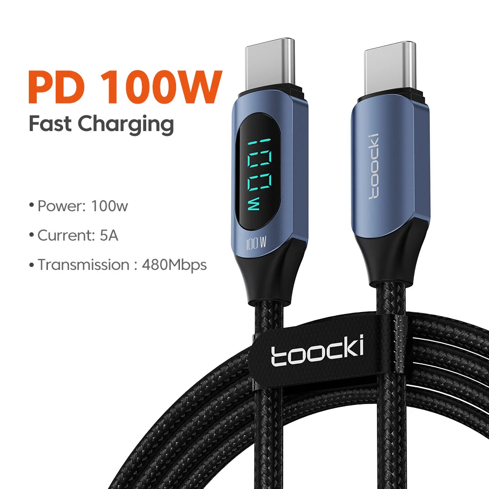 ⚡🔌 Toocki 100W USB-C Cable – Υψηλής Ταχύτητας Καλώδιο Φόρτισης & Δεδομένων 🔋 Με LED Digital Display (5A)