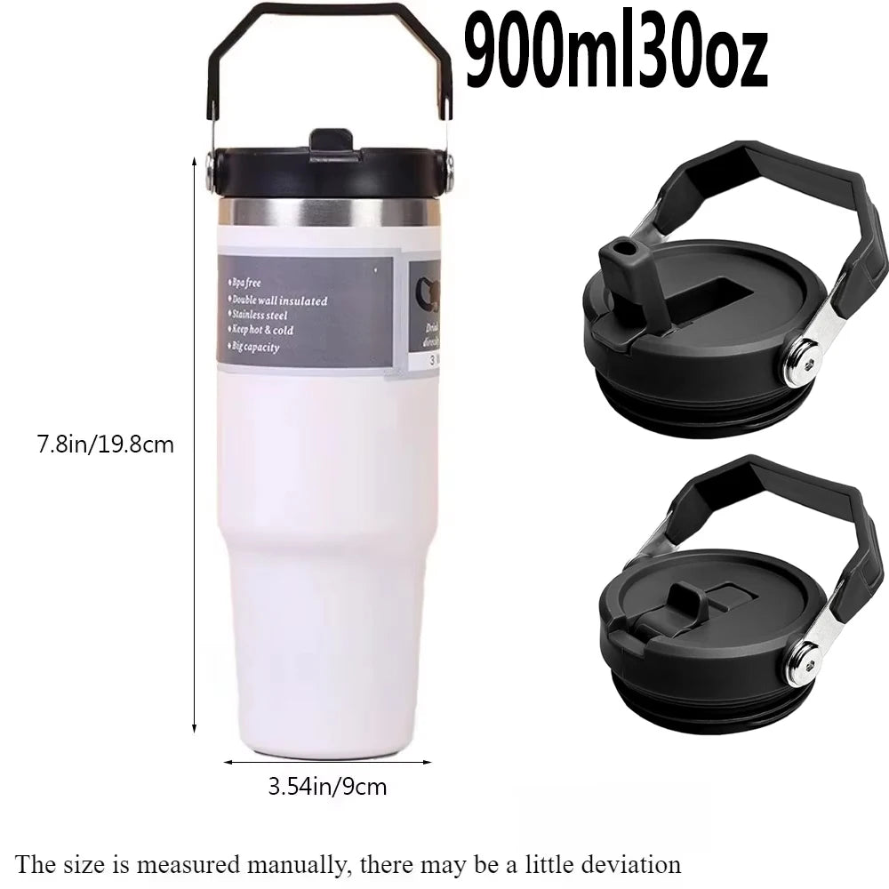 30 Oz Stainless Steel Thermos Mug Tritan Material Double Layer Vacuum Insulation Tape Handle, Perfect for Iced and Hot Drinks