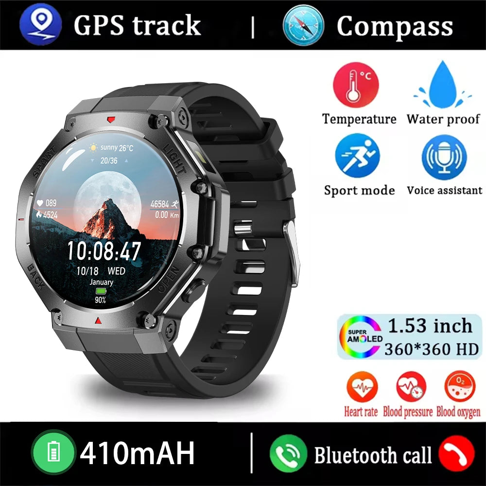 ⌚ 2025 New Men Sports Smart Watch GPS | AMOLED | Heart Rate Monitor | LED Flashlight | NFC | Bluetooth Call | 3ATM Waterproof