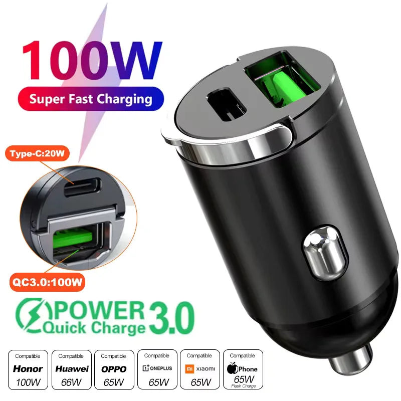 ⚡🚗 Mini Car Charger QC3.0 PD 100W/200W – Dual USB & Type-C Γρήγορος Φορτιστής Αυτοκινήτου 12-24V
