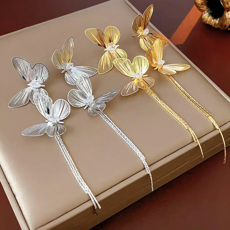 🦋✨ FTCY Exaggerated Butterfly Tassel Earrings – Χρυσά Σκουλαρίκια με Κρόσσια για Γυναίκες