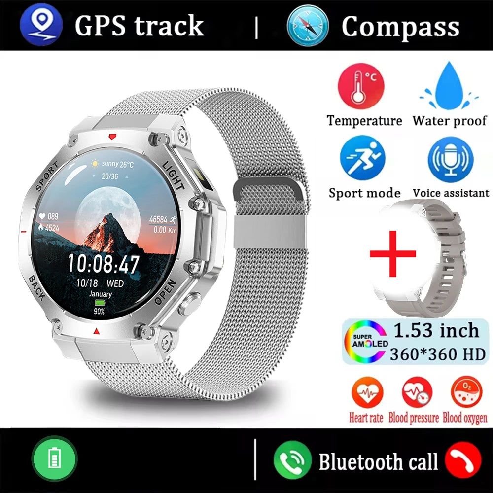 ⌚ 2025 New Men Sports Smart Watch GPS | AMOLED | Heart Rate Monitor | LED Flashlight | NFC | Bluetooth Call | 3ATM Waterproof