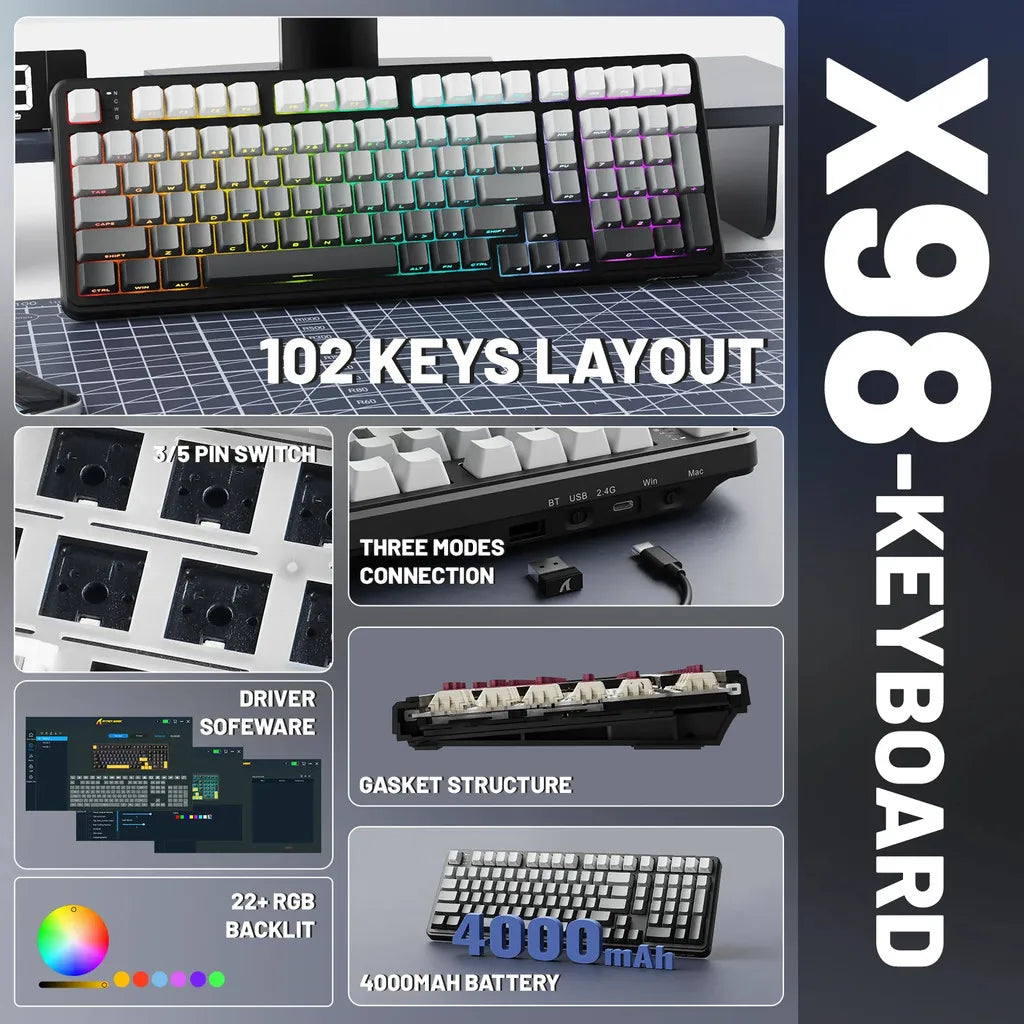 🎮⌨️ ATTACK SHARK X98 Full-Size Wireless Mechanical Keyboard – Τριπλή σύνδεση & απόλυτη εμπειρία gaming με RGB και Gasket design! 🦈💡