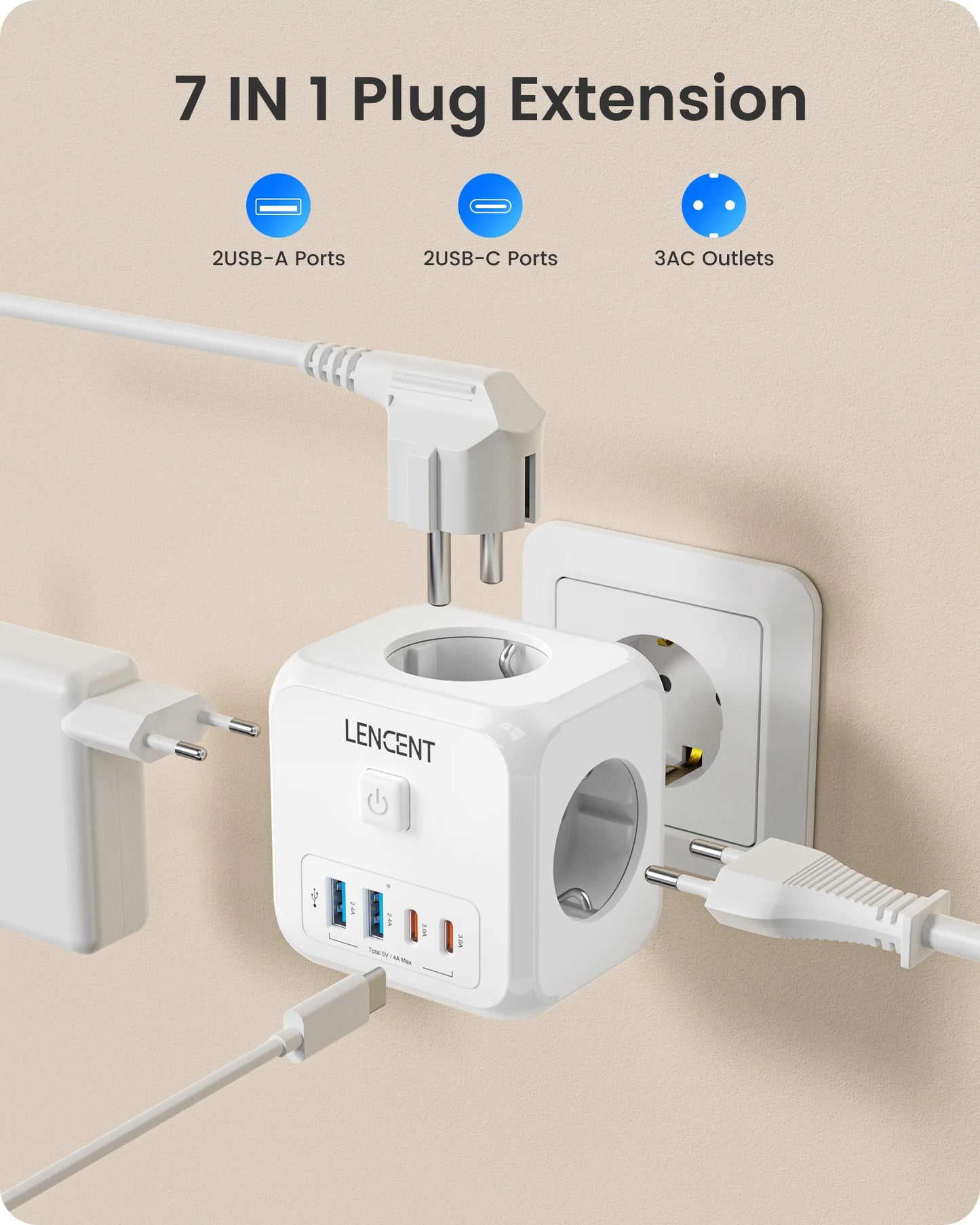 LENCENT EU Plug Cube 🔌 | 7-in-1 Power Hub ⚡ | 3 AC + 2 USB + 2 Type-C 🔋 | On/Off Switch ✅