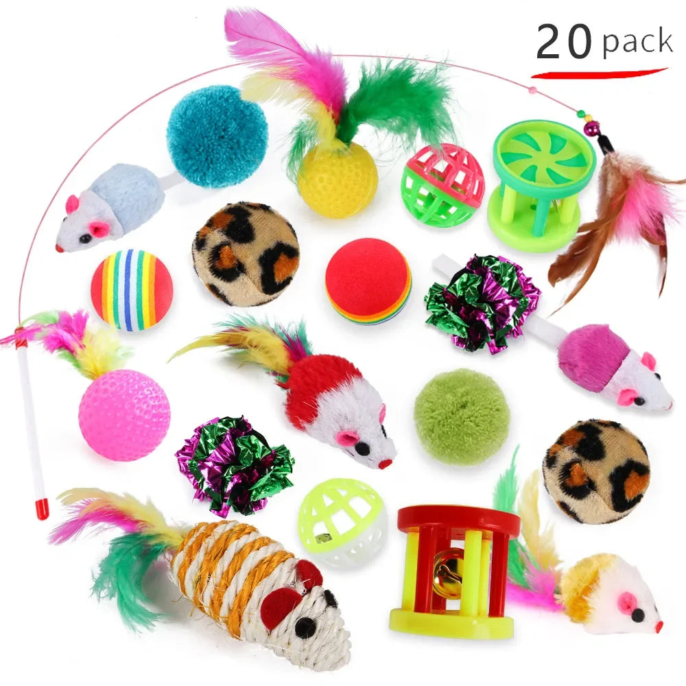 12/20pcs Cat Toy Set 🐱🎁 | Bell Ball, Sisal Mouse & Stick 🎾🐭 | Interactive Play for Kittens & Cats ✅