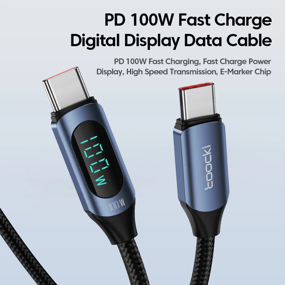 ⚡🔌 Toocki 100W USB-C Cable – Υψηλής Ταχύτητας Καλώδιο Φόρτισης & Δεδομένων 🔋 Με LED Digital Display (5A)