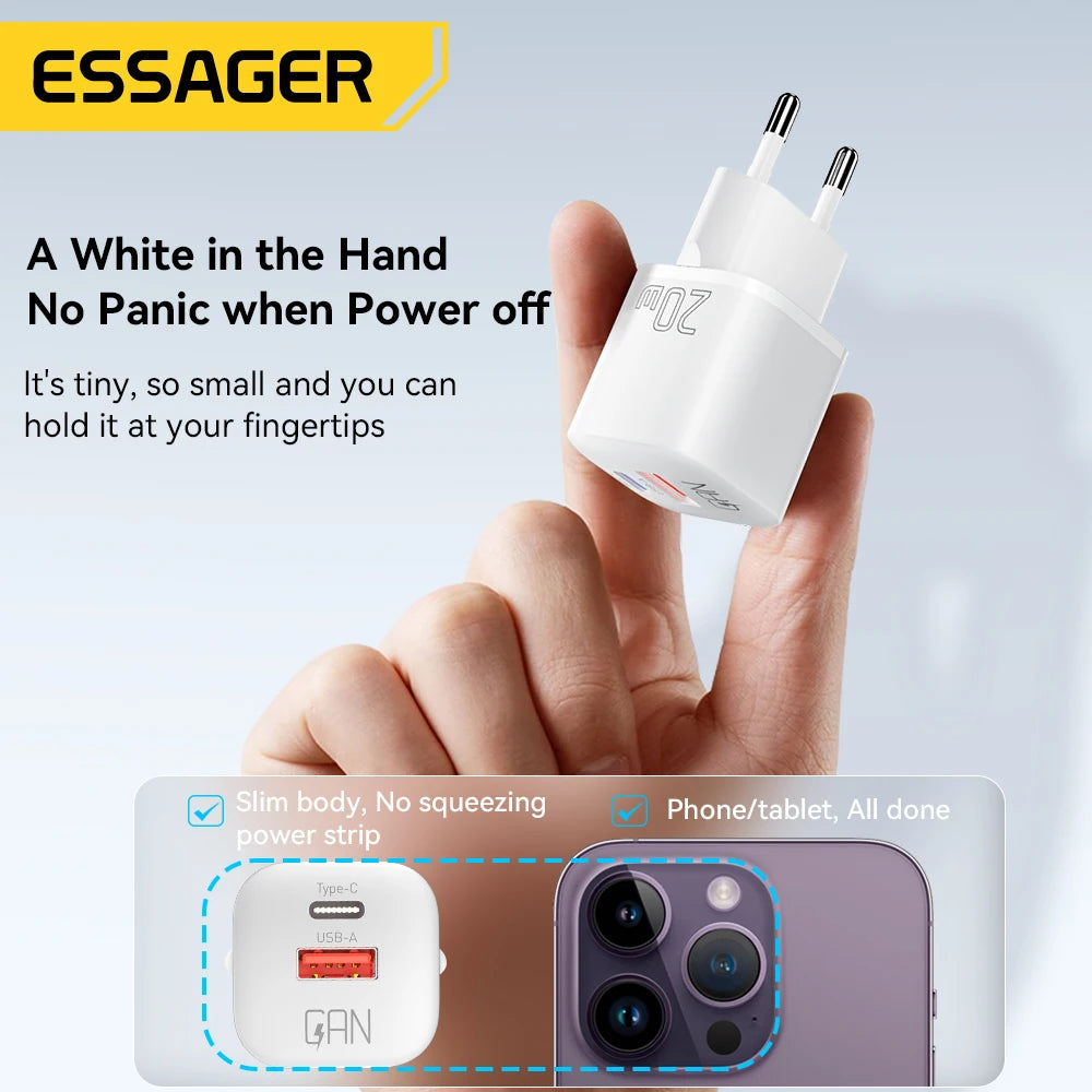 ⚡ Essager 20W GaN USB Type C Charger – PD & QC 3.0 Γρήγορος Φορτιστής