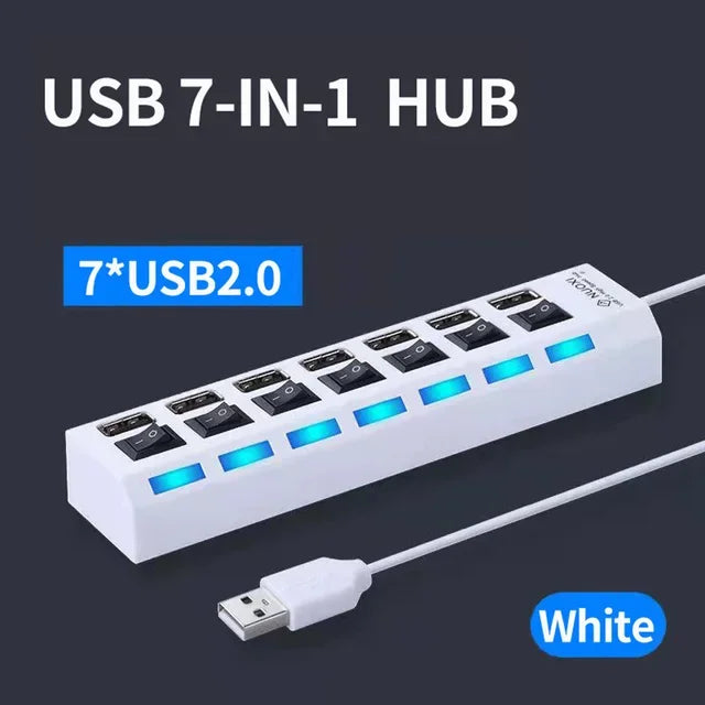 🔌💻 USB 2.0 Hub με 7 Θύρες – Multi USB Splitter με Διακόπτες & LED Ένδειξη