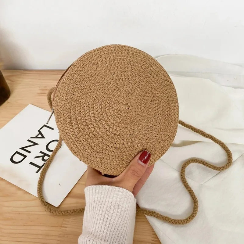 👜🌴 Minimalist Straw Bag – Στρογγυλή Τσάντα Ώμου & Χιαστί, Καλοκαιρινό Στυλ Διακοπών ✨☀️