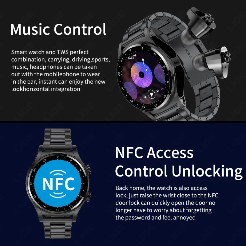 🎯 LIGE NFC Smartwatch με Ενσωματωμένα TWS Ακουστικά – 2 σε 1, Ρολόι & Ακουστικά! 🎯