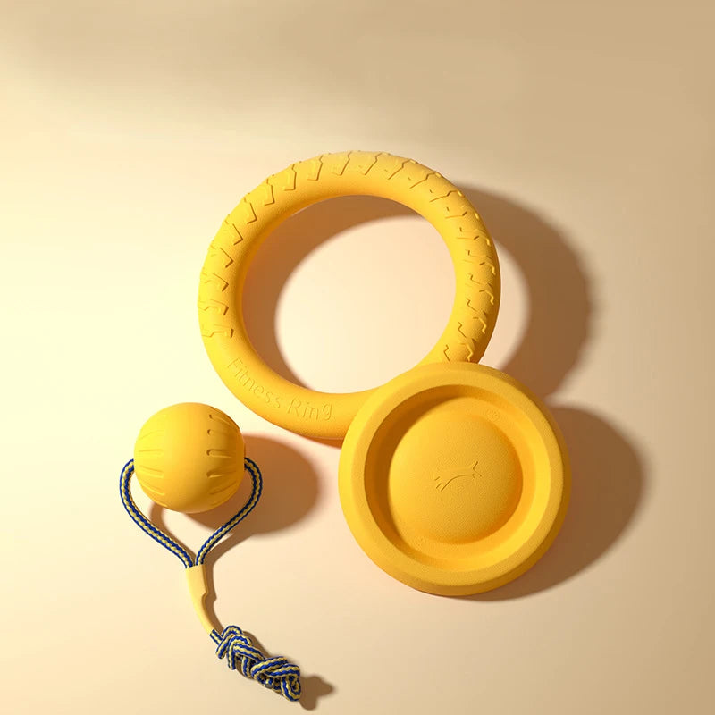 Dog Toy Set 4-Pack 🐶🦴 | EVA Durable Chew Toys 💪 | Ball + Flying Disc + Tug Rope 🎾🛸 | Teeth Cleaning & Fun ✅