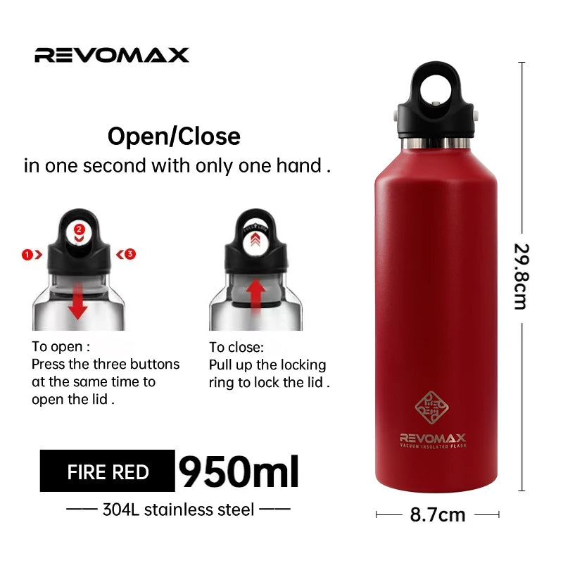 🥶🔥 REVOMAX Θερμός 950ml Ανοξείδωτος | Μεγάλης Χωρητικότητας Φορητό Vacuum Flask με Καπάκι Χωρίς Βίδωμα 🚀