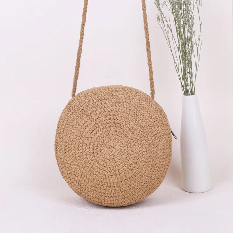 👜🌴 Minimalist Straw Bag – Στρογγυλή Τσάντα Ώμου & Χιαστί, Καλοκαιρινό Στυλ Διακοπών ✨☀️