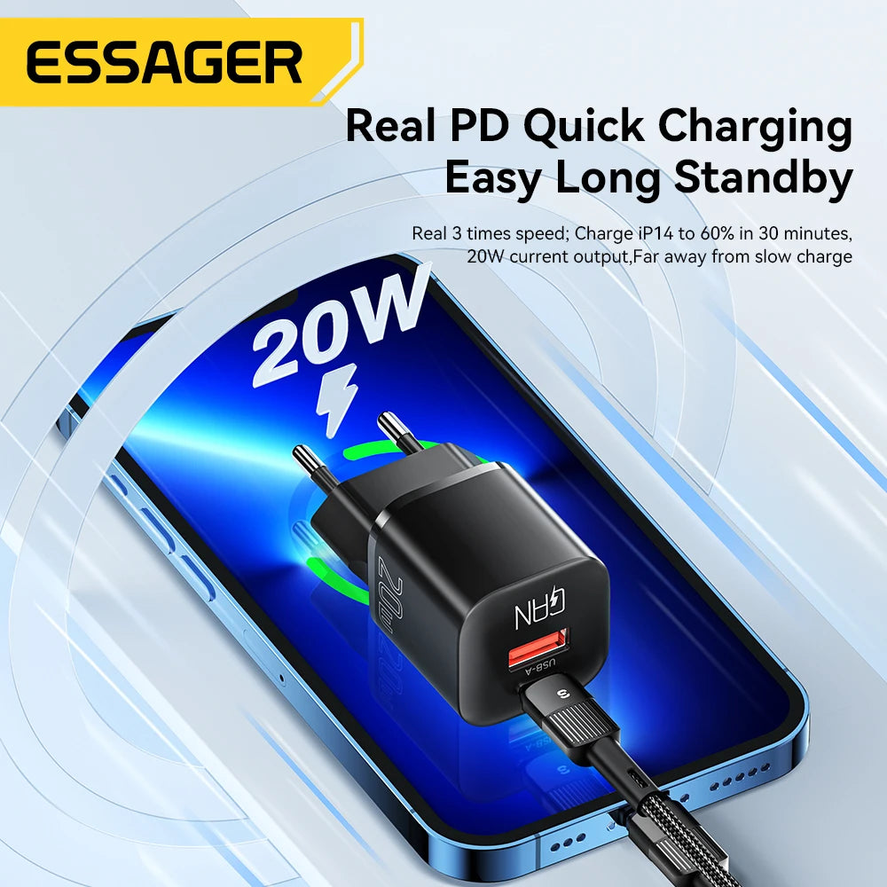⚡ Essager 20W GaN USB Type C Charger – PD & QC 3.0 Γρήγορος Φορτιστής