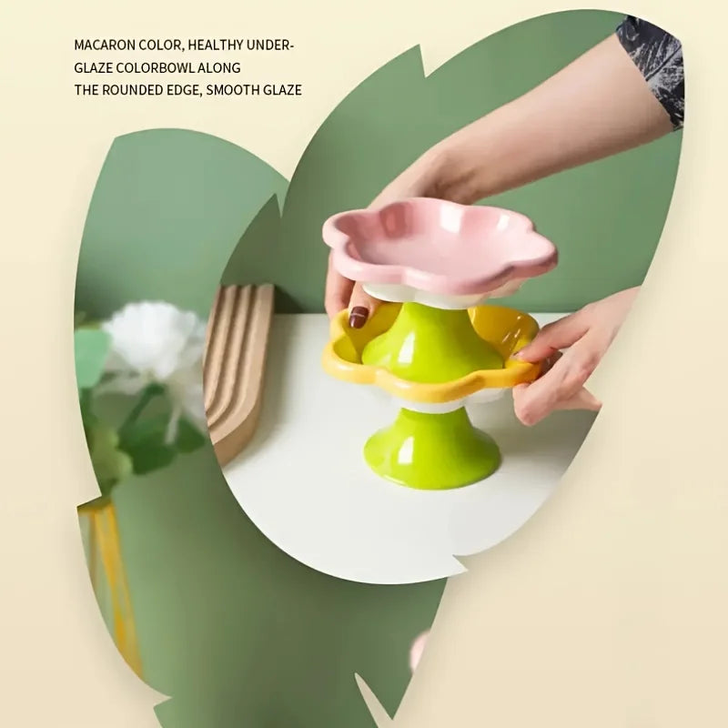 Ceramic Pet Bowl 🌸🐾 | Elevated Design for Neck Protection 🐱 | Food & Water Dish 🍽️ | Stylish Stand Included ✅