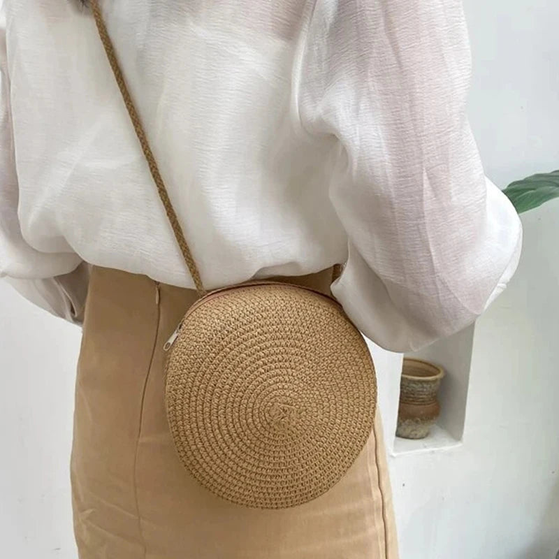 👜🌴 Minimalist Straw Bag – Στρογγυλή Τσάντα Ώμου & Χιαστί, Καλοκαιρινό Στυλ Διακοπών ✨☀️