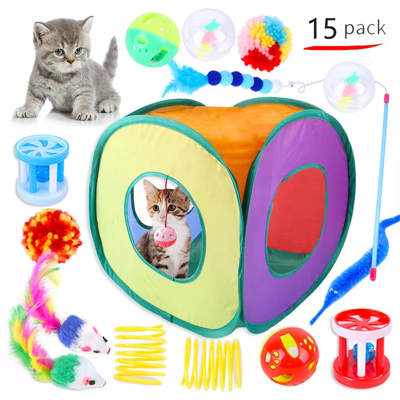 Cat Tunnel Toy Set 🐱🎪 | Foldable Tunnel + Mouse Balls 🧶🐭 | Simulated Fish 🎣 | Fun Tent for Kittens & Cats ✅
