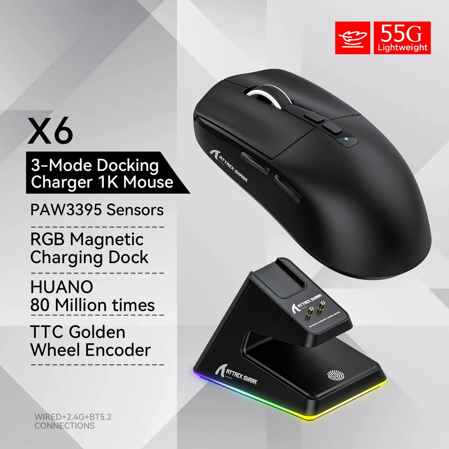 🎮 Attack Shark X6 Bluetooth Gaming Mouse – PAW3395 Sensor, RGB, Macro, Tri-Mode
