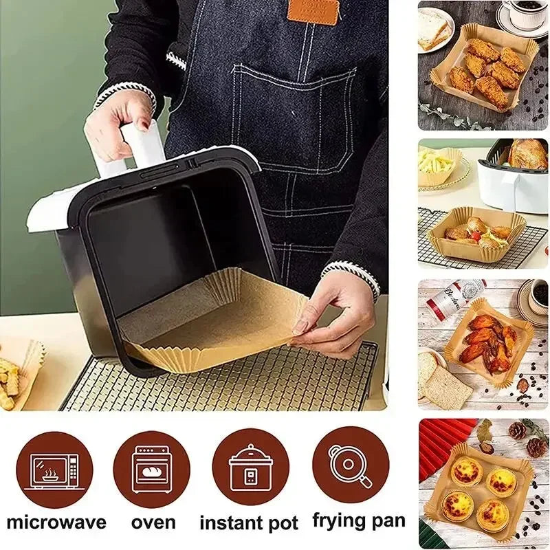🍟🧾 50pcs Air Fryer Paper Liners – Μαγείρεμα Χωρίς Λάδια & Καθάρισμα! 🧾🍟 Parchment Wood Pulp | Waterproof | Oil-Proof | Baking & Steaming Accessories