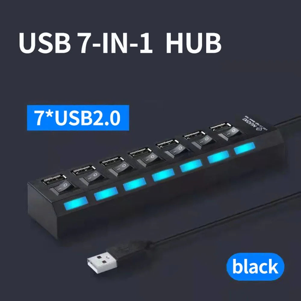 🔌💻 USB 2.0 Hub με 7 Θύρες – Multi USB Splitter με Διακόπτες & LED Ένδειξη