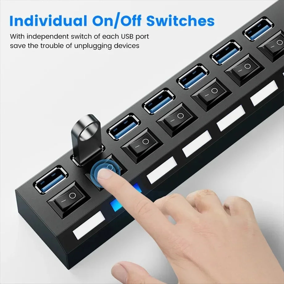 🔌💻 USB 2.0 Hub με 7 Θύρες – Multi USB Splitter με Διακόπτες & LED Ένδειξη