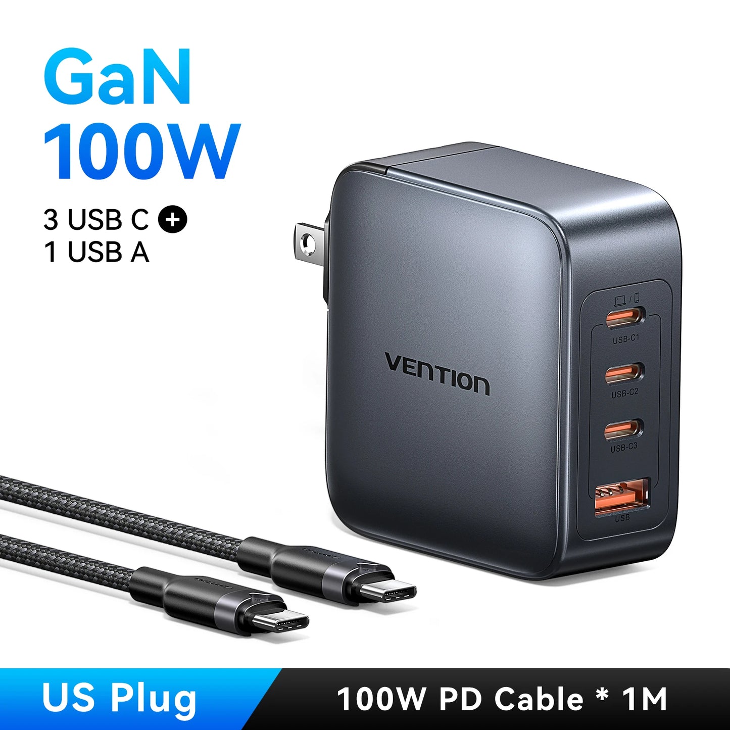 ⚡ Vention 100W GaN Φορτιστής 4 Θυρών USB-C – PD Fast Charge Η απόλυτη λύση για ταυτόχρονη και γρήγορη φόρτιση laptop, tablet και smartphone! 💻📱🔋