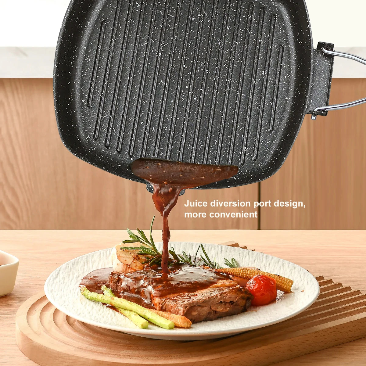 🥩 Πτυσσόμενη Φορητή Σχάρα Τηγάνι για BBQ & Camping – Αντικολλητική με Ξύλινη Αντιθερμική Λαβή | Double Mouth Grill Pan