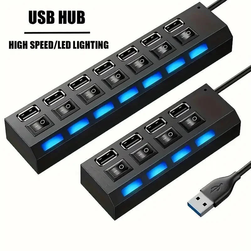 🔌💻 USB 2.0 Hub με 7 Θύρες – Multi USB Splitter με Διακόπτες & LED Ένδειξη