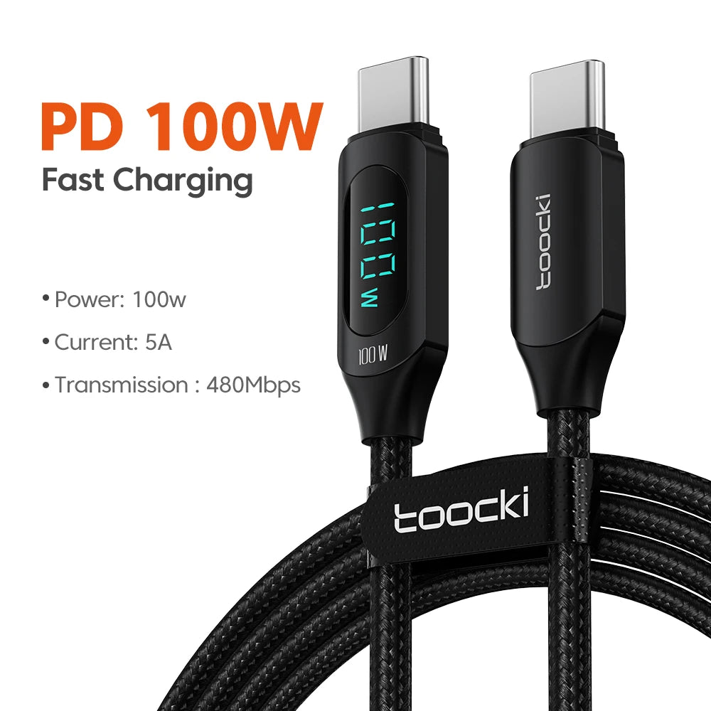 ⚡🔌 Toocki 100W USB-C Cable – Υψηλής Ταχύτητας Καλώδιο Φόρτισης & Δεδομένων 🔋 Με LED Digital Display (5A)