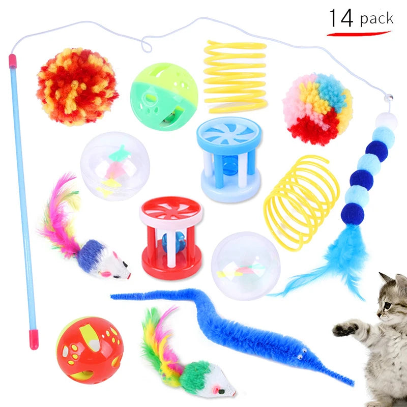 12/20pcs Cat Toy Set 🐱🎁 | Bell Ball, Sisal Mouse & Stick 🎾🐭 | Interactive Play for Kittens & Cats ✅